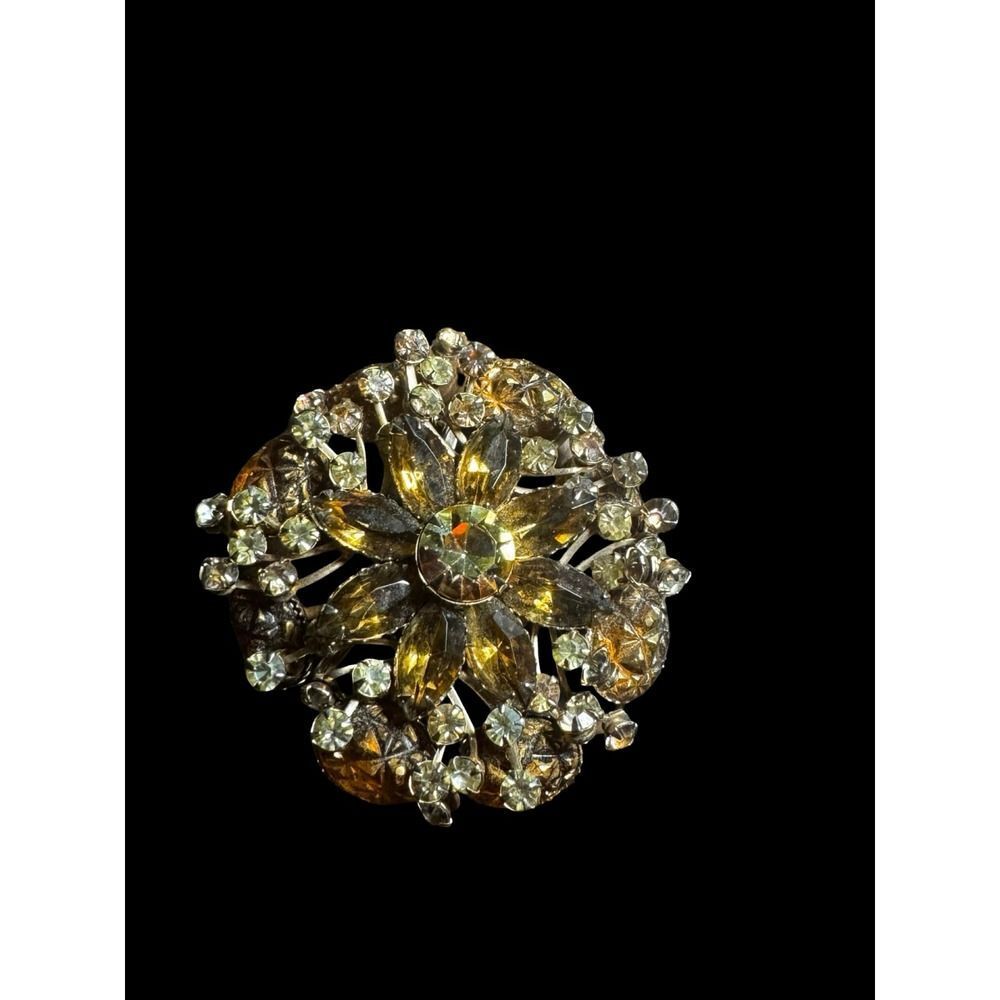 Vintage Large Domed Amber/Cola Rhinestone Floral Brooch Pin Statement Piece